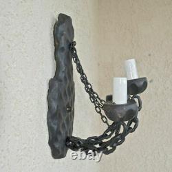 Vintage Set of Two Gothic Medieval Style Wrought Iron Chain & Wood Sconces Props