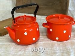 Vintage Set of two cast iron enamel Cast Iron Tea Kettle and Kitchen Casserole