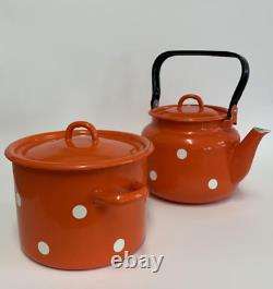 Vintage Set of two cast iron enamel Cast Iron Tea Kettle and Kitchen Casserole