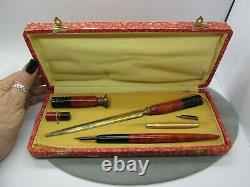 Vintage Tunisia Deep Carved Two-Tone BAKELITE Fountain Pen Set in Original Box