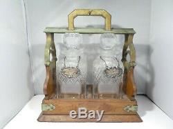 Vintage Wood Tantalus Set With Two Crystal Decanters And Sterling Silver Tags