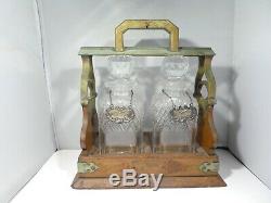 Vintage Wood Tantalus Set With Two Crystal Decanters And Sterling Silver Tags
