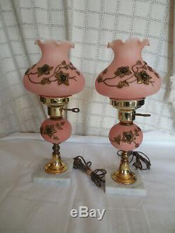 Vintage satin pink glass withapplied roses boudoir vanity lamps set of two