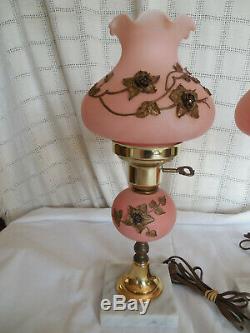 Vintage satin pink glass withapplied roses boudoir vanity lamps set of two