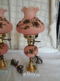 Vintage satin pink glass withapplied roses boudoir vanity lamps set of two