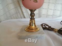 Vintage satin pink glass withapplied roses boudoir vanity lamps set of two