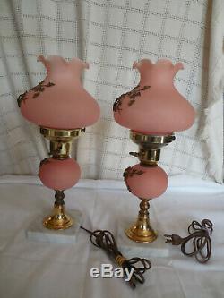 Vintage satin pink glass withapplied roses boudoir vanity lamps set of two