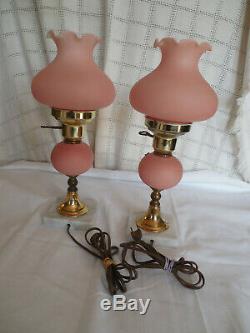 Vintage satin pink glass withapplied roses boudoir vanity lamps set of two