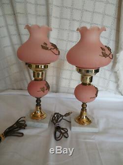 Vintage satin pink glass withapplied roses boudoir vanity lamps set of two