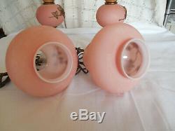 Vintage satin pink glass withapplied roses boudoir vanity lamps set of two