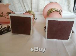 Vintage satin pink glass withapplied roses boudoir vanity lamps set of two