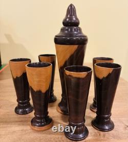 Vintage, two-tone wooden pitcher and cup set