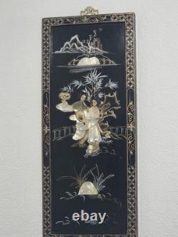 Vtg Chinoiserie Asian Soapstone Wall Panels LacquerMother of Pearl/Set 2 -24H