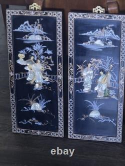 Vtg Chinoiserie Asian Soapstone Wall Panels LacquerMother of Pearl/Set 2 -24H