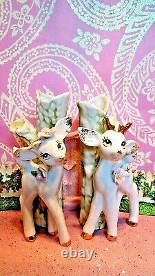 Vtg Christmas REINDEER Anthropomorphic BUD VASE SET OF TWO W PINK FLORAL TRIM