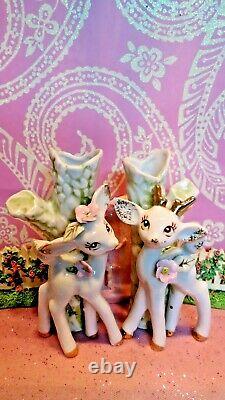 Vtg Christmas REINDEER Anthropomorphic BUD VASE SET OF TWO W PINK FLORAL TRIM