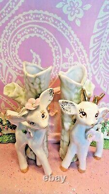 Vtg Christmas REINDEER Anthropomorphic BUD VASE SET OF TWO W PINK FLORAL TRIM