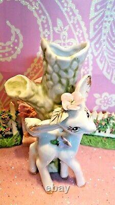 Vtg Christmas REINDEER Anthropomorphic BUD VASE SET OF TWO W PINK FLORAL TRIM