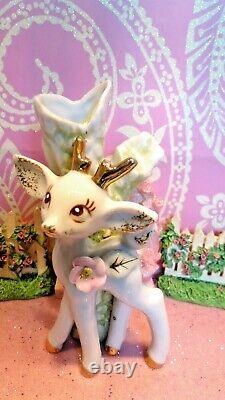 Vtg Christmas REINDEER Anthropomorphic BUD VASE SET OF TWO W PINK FLORAL TRIM