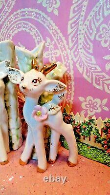 Vtg Christmas REINDEER Anthropomorphic BUD VASE SET OF TWO W PINK FLORAL TRIM