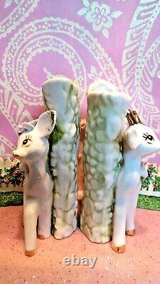 Vtg Christmas REINDEER Anthropomorphic BUD VASE SET OF TWO W PINK FLORAL TRIM