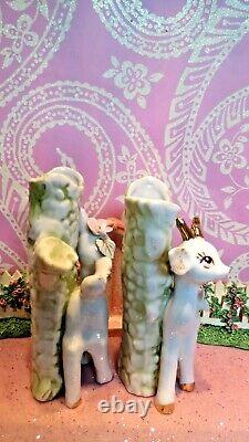 Vtg Christmas REINDEER Anthropomorphic BUD VASE SET OF TWO W PINK FLORAL TRIM