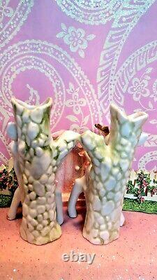 Vtg Christmas REINDEER Anthropomorphic BUD VASE SET OF TWO W PINK FLORAL TRIM