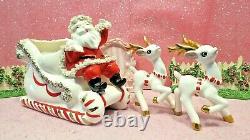 Vtg Christmas WAVING SANTA Claus Candy Cane Sleigh TWO Reindeer W RED Harness