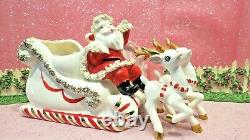 Vtg Christmas WAVING SANTA Claus Candy Cane Sleigh TWO Reindeer W RED Harness
