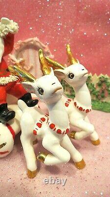 Vtg Christmas WAVING SANTA Claus Candy Cane Sleigh TWO Reindeer W RED Harness
