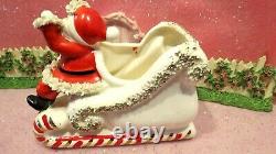 Vtg Christmas WAVING SANTA Claus Candy Cane Sleigh TWO Reindeer W RED Harness