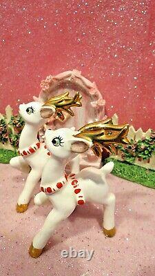 Vtg Christmas WAVING SANTA Claus Candy Cane Sleigh TWO Reindeer W RED Harness