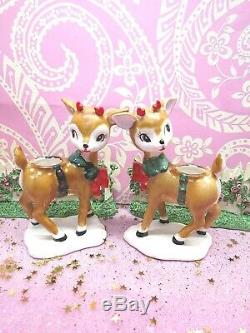 Vtg Lefton Christmas Holly Berry Reindeer Candle Holders SET OF TWO W RED BOWS