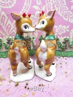 Vtg Lefton Christmas Holly Berry Reindeer Candle Holders SET OF TWO W RED BOWS