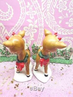 Vtg Lefton Christmas Holly Berry Reindeer Candle Holders SET OF TWO W RED BOWS