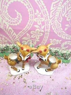 Vtg Lefton Christmas Holly Berry Reindeer Candle Holders SET OF TWO W RED BOWS