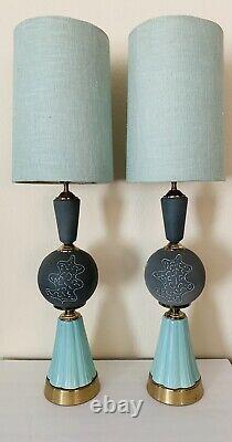 Vtg MCM Ceramic And Metal Lamps Mint Green Grey Set of Two (2)