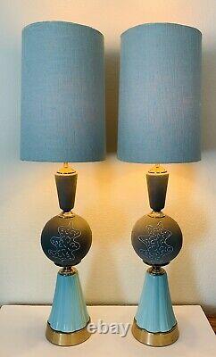 Vtg MCM Ceramic And Metal Lamps Mint Green Grey Set of Two (2)