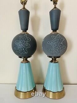 Vtg MCM Ceramic And Metal Lamps Mint Green Grey Set of Two (2)