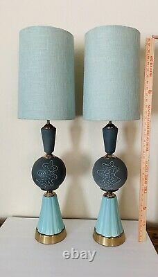 Vtg MCM Ceramic And Metal Lamps Mint Green Grey Set of Two (2)