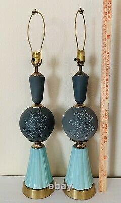 Vtg MCM Ceramic And Metal Lamps Mint Green Grey Set of Two (2)