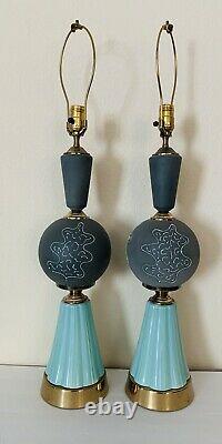 Vtg MCM Ceramic And Metal Lamps Mint Green Grey Set of Two (2)