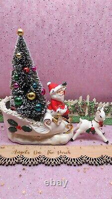 Vtg NAPCO Christmas SANTA Opalescent Sleigh Prancing Reindeer Seven INCH TREE