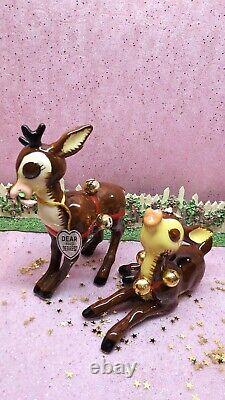 Vtg NAPCO Dear & Dearest Jingle Bell Reindeer SET OF TWO WITH TAGS Gold Bells