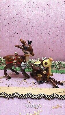 Vtg NAPCO Dear & Dearest Jingle Bell Reindeer SET OF TWO WITH TAGS Gold Bells