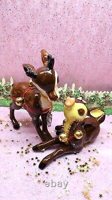 Vtg NAPCO Dear & Dearest Jingle Bell Reindeer SET OF TWO WITH TAGS Gold Bells