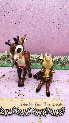 Vtg NAPCO Dear & Dearest Jingle Bell Reindeer SET OF TWO WITH TAGS Gold Bells