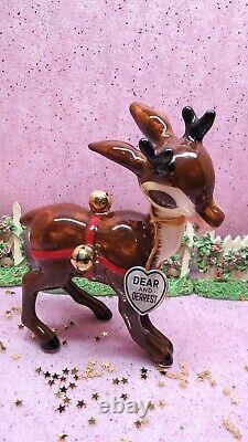 Vtg NAPCO Dear & Dearest Jingle Bell Reindeer SET OF TWO WITH TAGS Gold Bells