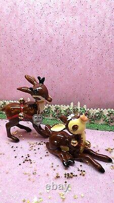 Vtg NAPCO Dear & Dearest Jingle Bell Reindeer SET OF TWO WITH TAGS Gold Bells