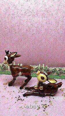 Vtg NAPCO Dear & Dearest Jingle Bell Reindeer SET OF TWO WITH TAGS Gold Bells